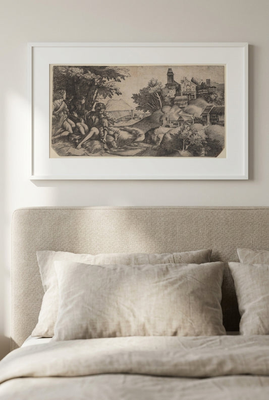 Shepherds in a Landscape — framed art in a styled interior