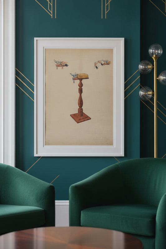 Sewing Bird — framed art in a styled interior
