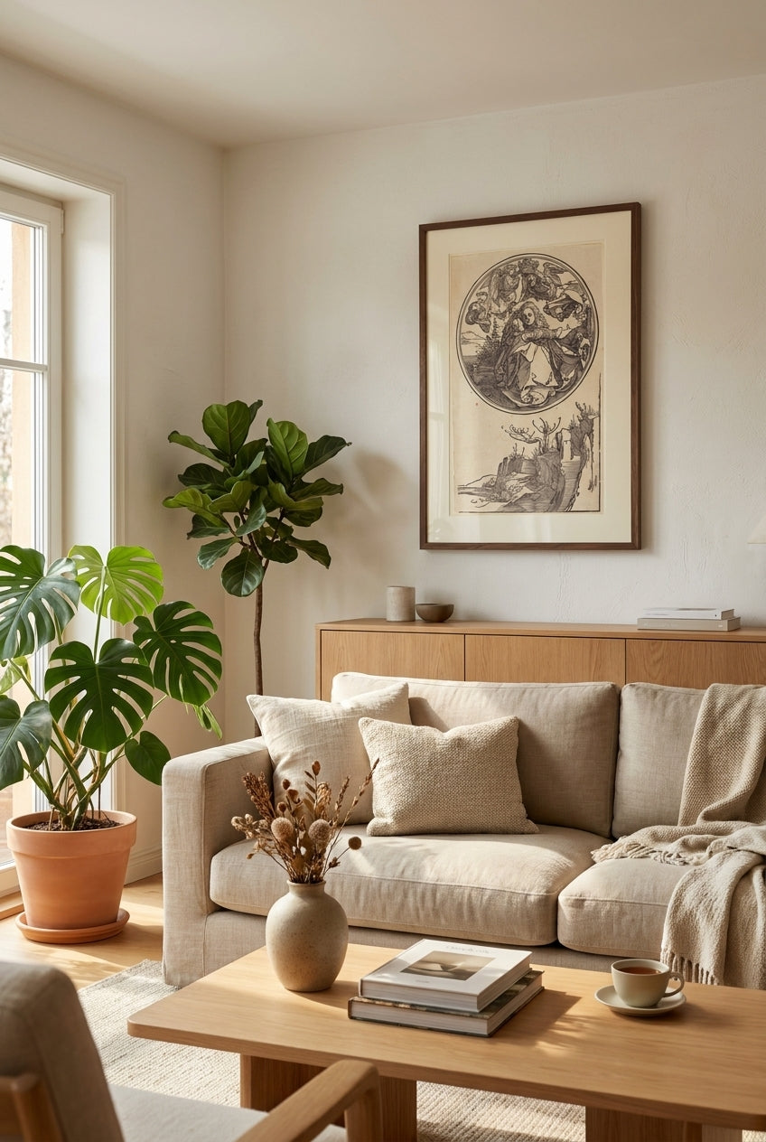 The Virgin Crowned by Two Angels above a Landscape — framed art in a styled interior