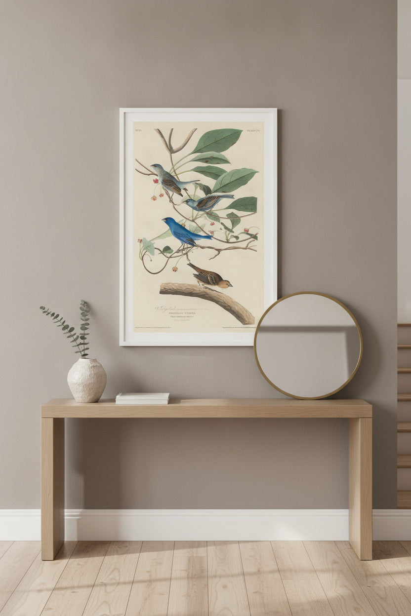 Indigo Bird — framed art in a styled interior