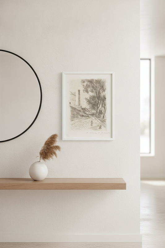 Landscape with Chimney (Paysage a la cheminée) — framed art in a styled interior