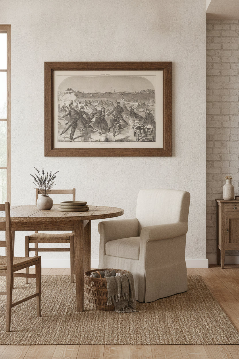 Skating on the Ladies' Skating-Pond in the Central Park, New York — framed art in a styled interior