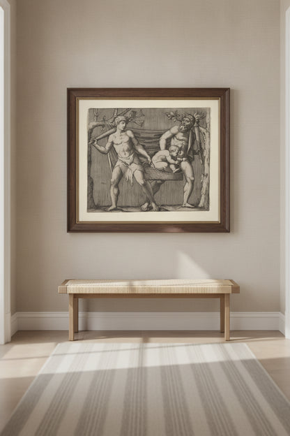 Two Fauns Carrying a Child — framed art in a styled interior