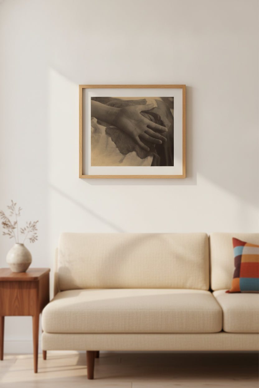 Georgia O'Keeffe—Hand and Grape Leaf — framed art in a styled interior