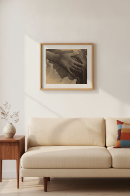 Georgia O'Keeffe—Hand and Grape Leaf — framed art in a styled interior