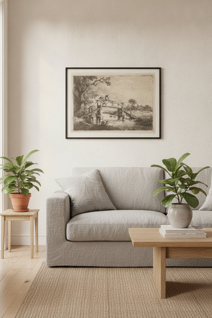 Landscape with a Bridge and Two Fishermen — framed art in a styled interior