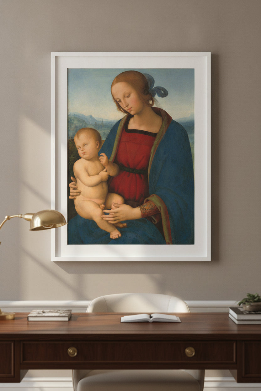 Madonna and Child — framed art in a styled interior
