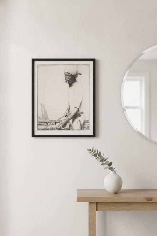 Sampan Fisherman — framed art in a styled interior