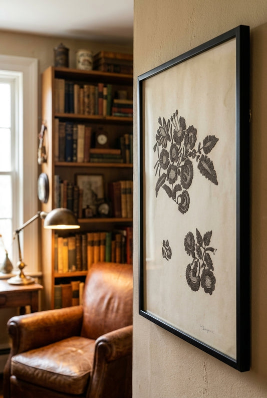 Embroidered Flower Motif — framed art in a styled interior