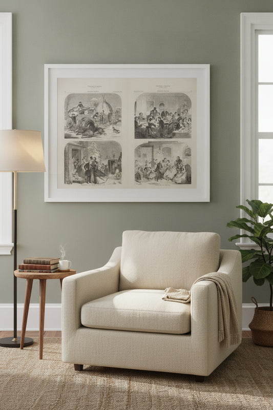 Thanksgiving Day - Ways and Means [upper left] — framed art in a styled interior