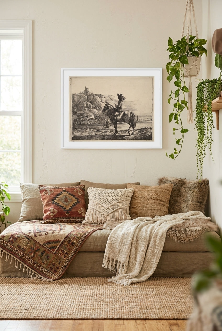 River Landscape with Horseman — framed art in a styled interior
