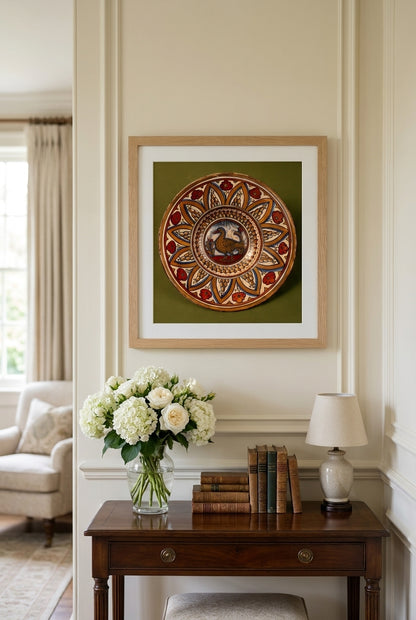 Plate with border of rounded hills within pointed arches with flowers between them; in the center, a wading bird between stylized plants — framed art in a styled interior