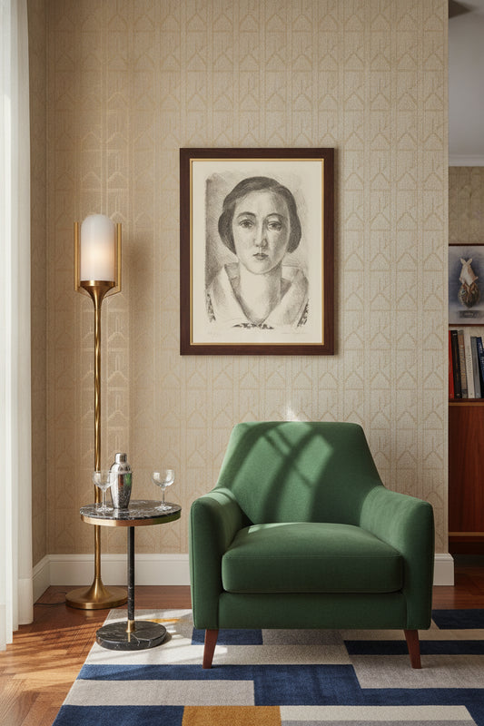 Young Girl in Flowered Dress with Organdy Collar (Jeune fille en robe fleurie au col d'organdi) — framed art in a styled interior