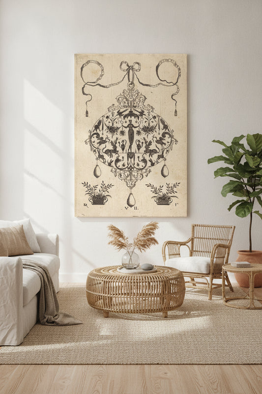 Large Pendant, Flora Standing, Holding a Fruit Garland — framed art in a styled interior