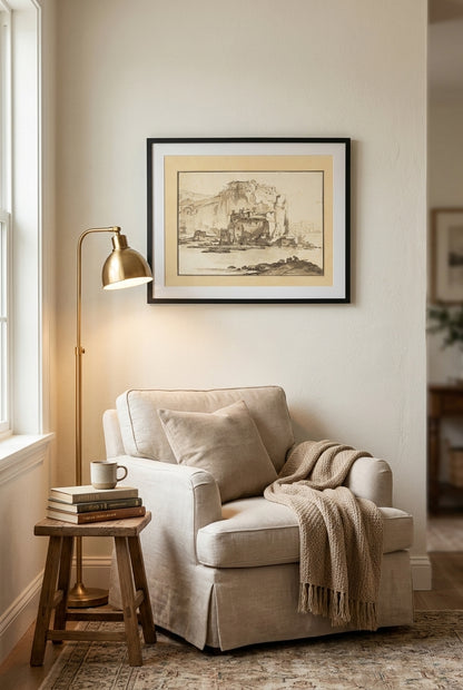 Mediterranean Seascape — framed art in a styled interior