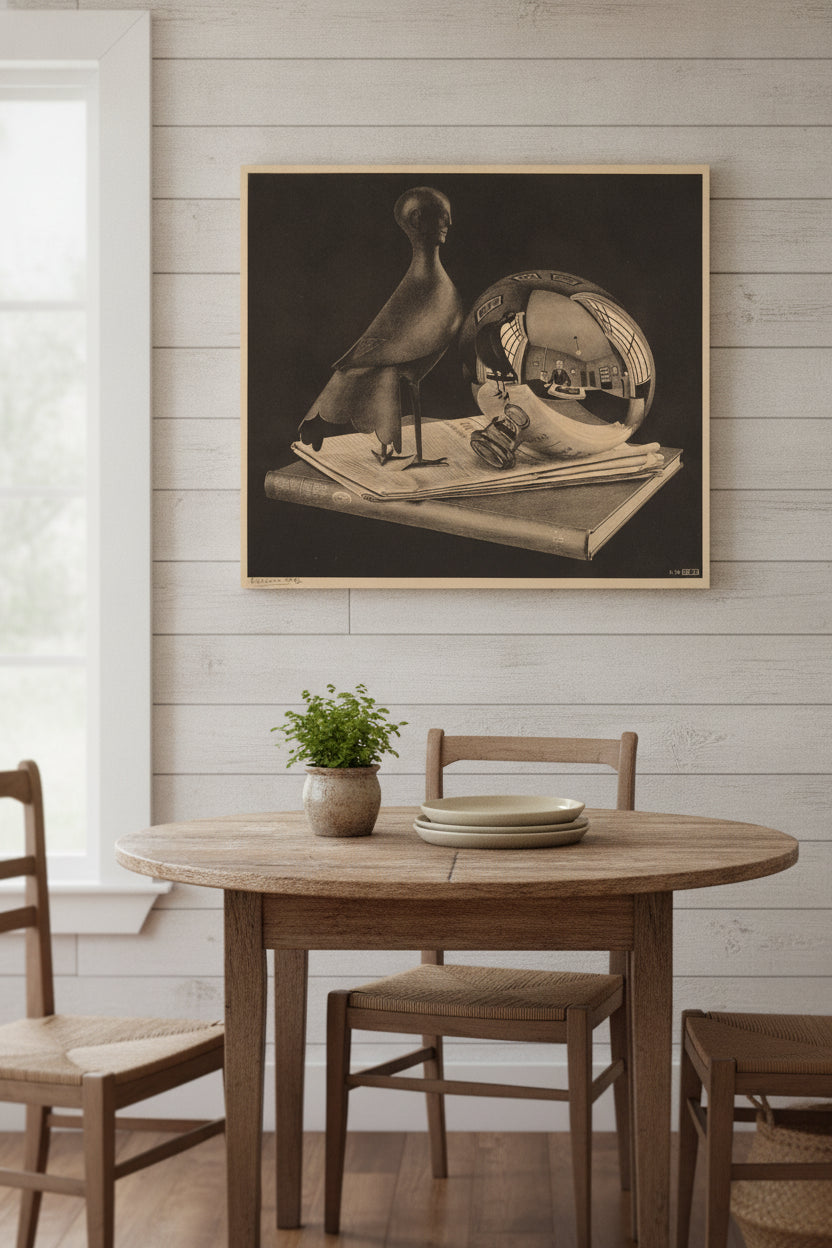 Still Life with Spherical Mirror — framed art in a styled interior