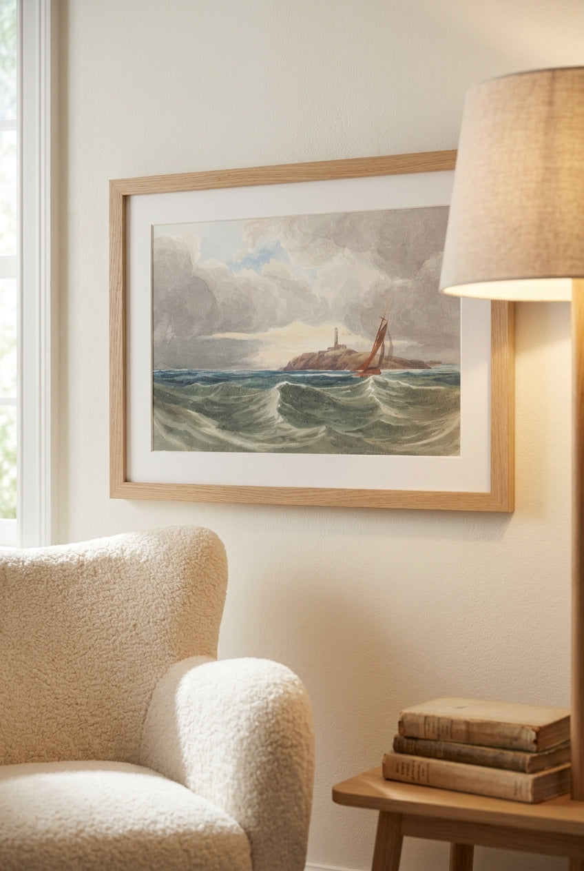Seascape with Lighthouse — framed art in a styled interior