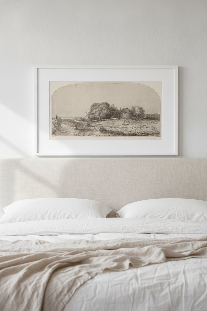 Landscape with a Hay Barn and a Flock of Sheep — framed art in a styled interior
