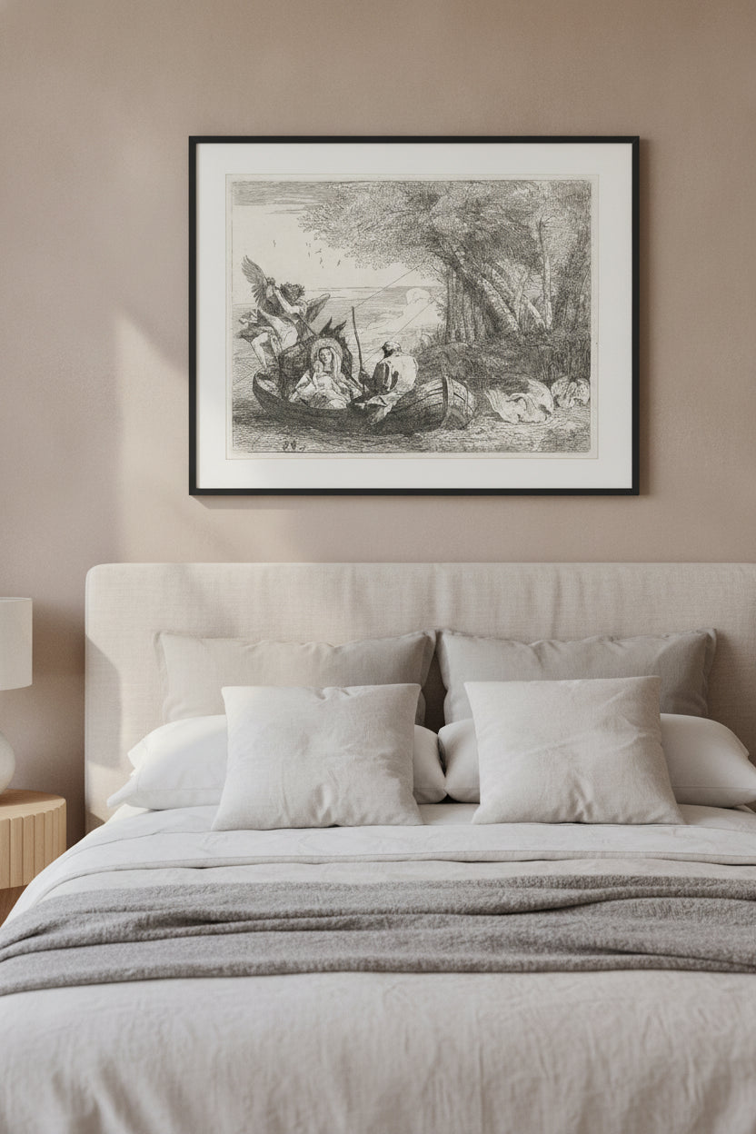 The Holy Family Being Ferried Across the River — framed art in a styled interior