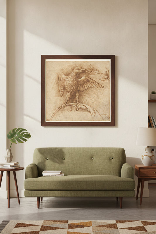 A Bird Perched on a Branch with Fruit — framed art in a styled interior
