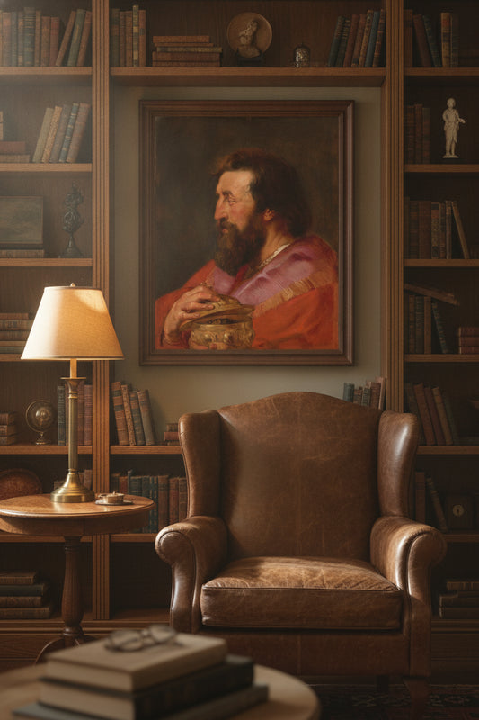 Head of One of the Three Kings: Melchior, The Assyrian King — framed art in a styled interior