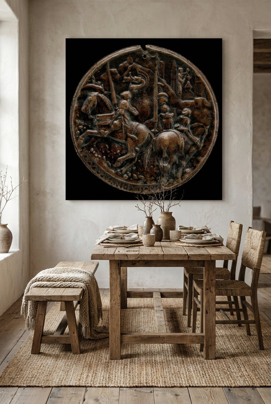 Filippo Maria Visconti Riding in a Mountainous Landscape [reverse] — framed art in a styled interior