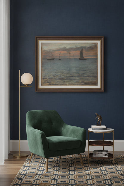 A Seascape at Sunset — framed art in a styled interior