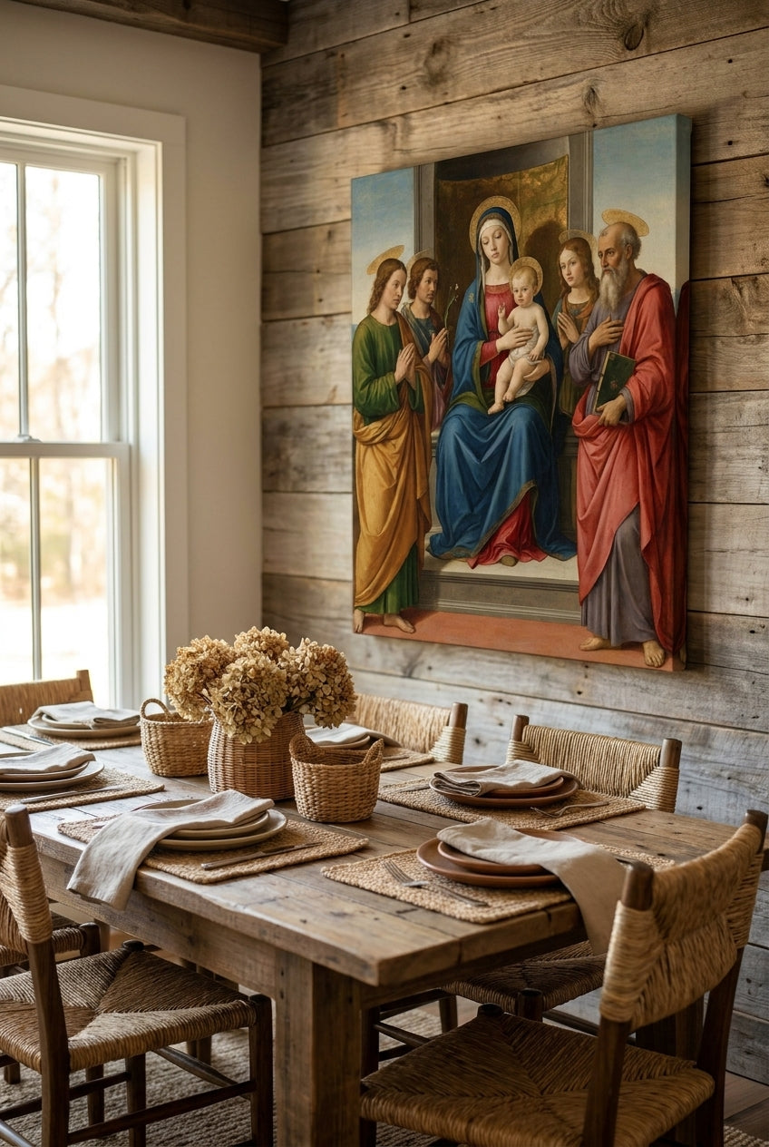 Madonna and Child with Saint Jerome and Saint John the Baptist — framed art in a styled interior