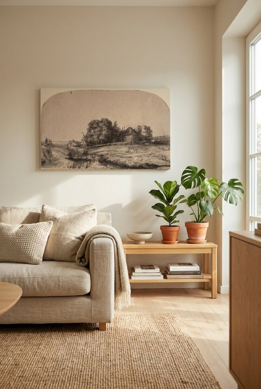 Landscape with a Hay Barn and a Flock of Sheep — framed art in a styled interior