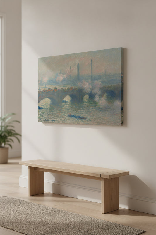 Waterloo Bridge, Gray Day — framed art in a styled interior