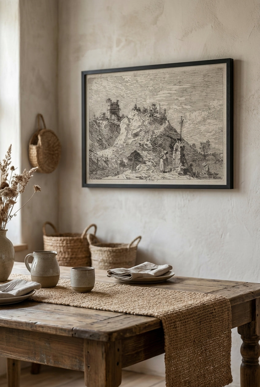 Landscape with the Pilgrim at Prayer — framed art in a styled interior