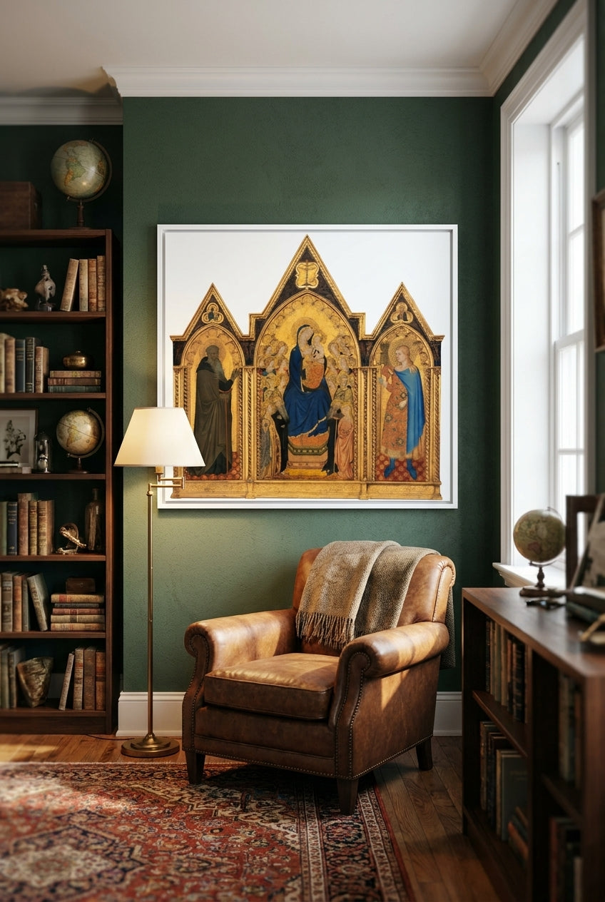 Madonna and Child Enthroned with Four Saints and Eighteen Angels [middle panel] — framed art in a styled interior