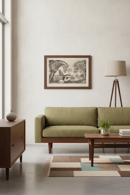 Don Quixote Reading to Rosemante — framed art in a styled interior
