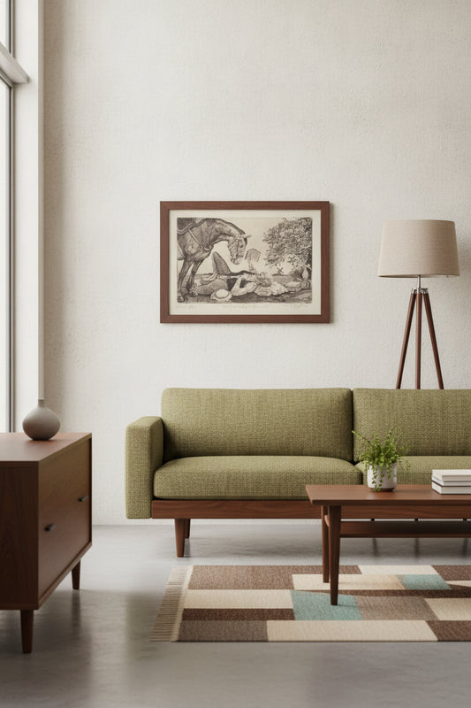 Don Quixote Reading to Rosemante — framed art in a styled interior