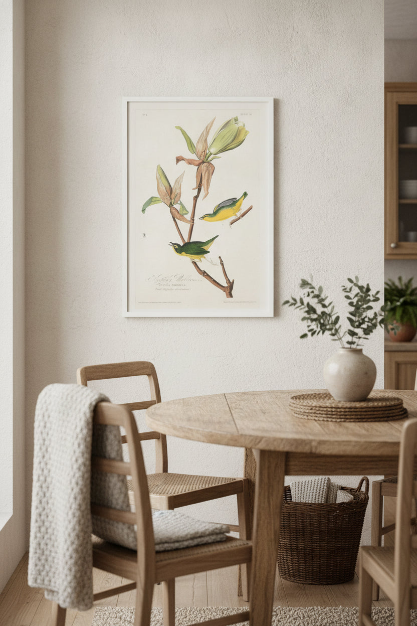 Kentucky Warbler — framed art in a styled interior