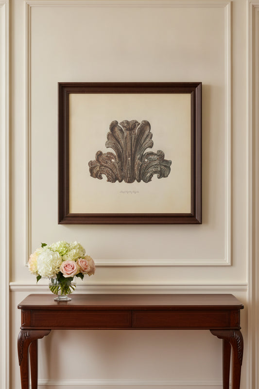 Ornamental Iron Leaf — framed art in a styled interior
