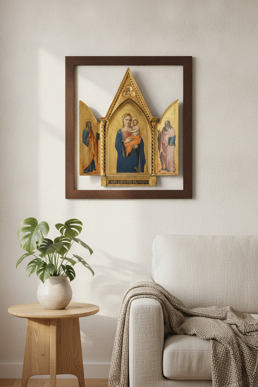 Madonna and Child, with the Man of Sorrows [middle panel] — framed art in a styled interior