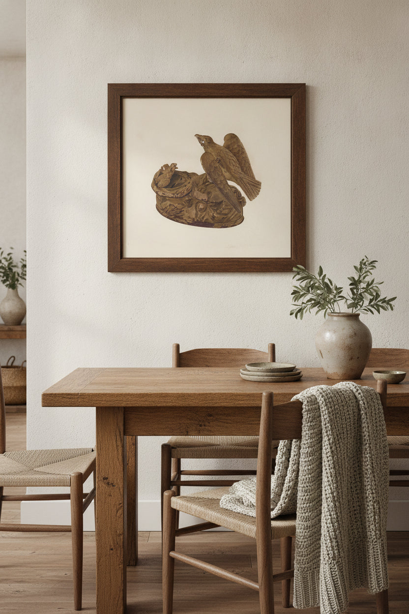 Toy Bank: Bird Feeding its Young — framed art in a styled interior