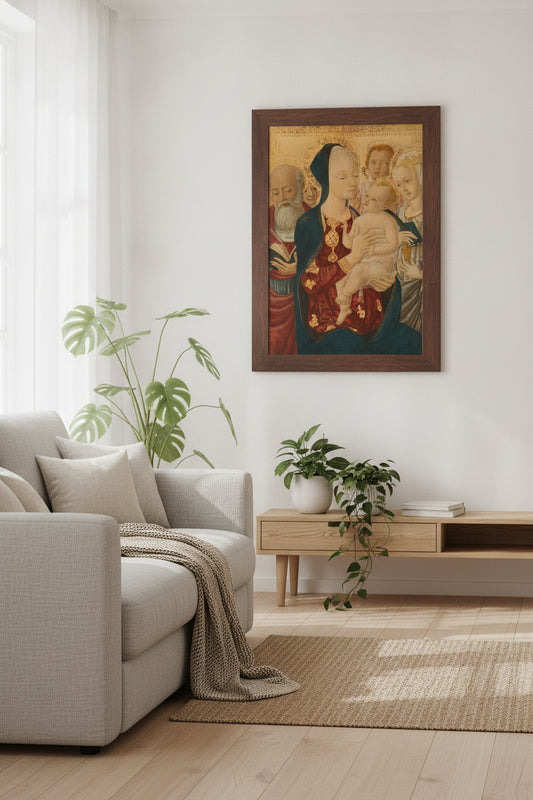 Madonna and Child with Saint Jerome, Saint Catherine of Alexandria, and Angels — framed art in a styled interior
