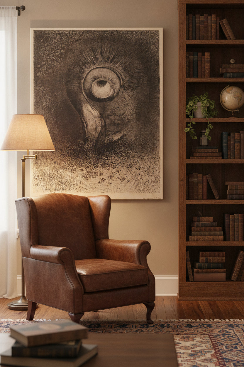 Il y eut peut-etre une vision premiere essayee dans la fleur (There was perhaps a first vision attempted in the flower) — framed art in a styled interior