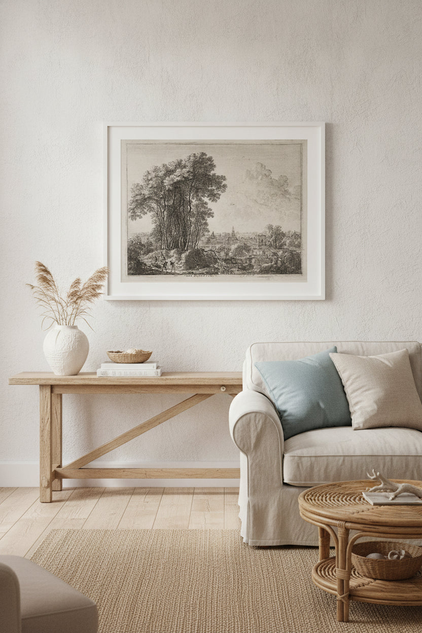 Landscape with Horseman and Three Travelers — framed art in a styled interior