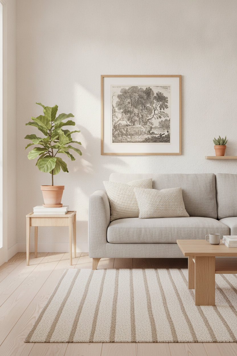 Landscape with Group of Trees Surrounded by Water — framed art in a styled interior