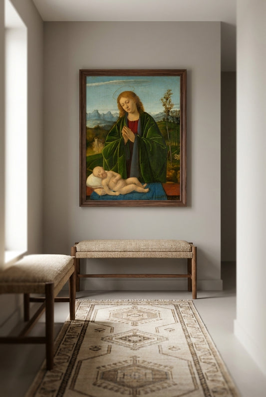 Madonna Adoring the Child — framed art in a styled interior