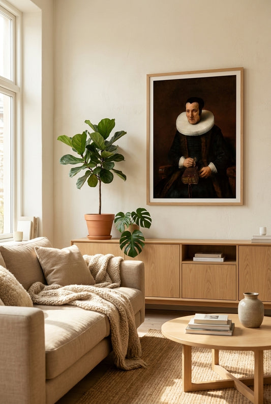 An Old Lady with a Book — framed art in a styled interior