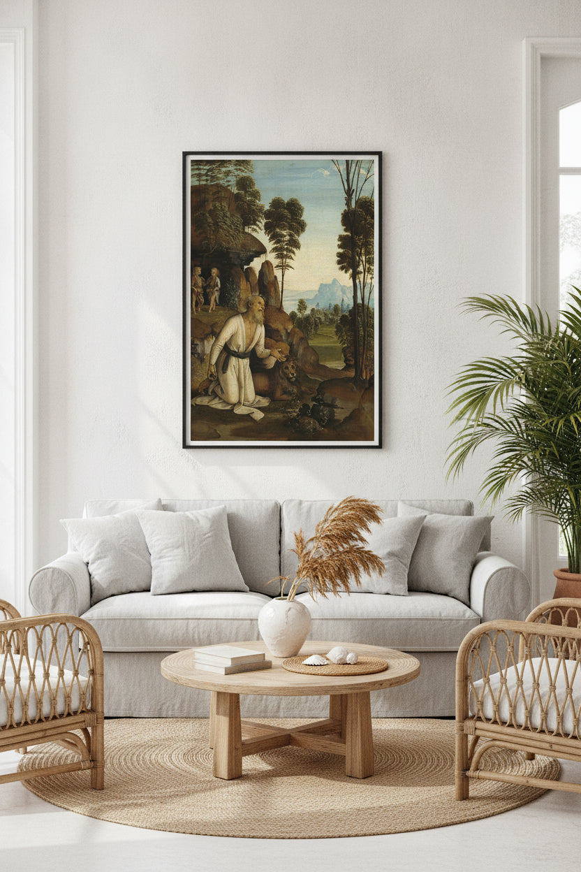 Saint Jerome in the Wilderness — framed art in a styled interior