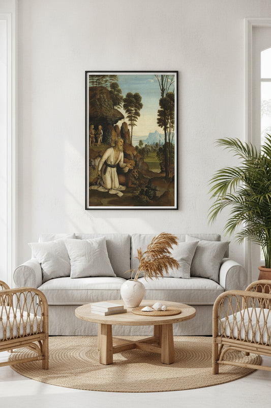 Saint Jerome in the Wilderness — framed art in a styled interior