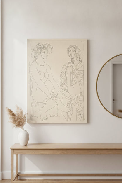 At the Bath. Woman in a Hat with Flowers and Woman Draped in a Towel (Au bain) — framed art in a styled interior