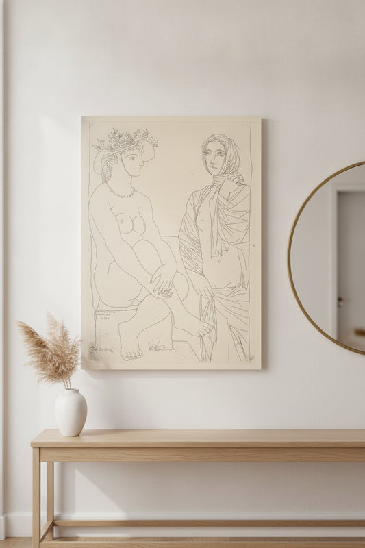 At the Bath. Woman in a Hat with Flowers and Woman Draped in a Towel (Au bain) — framed art in a styled interior