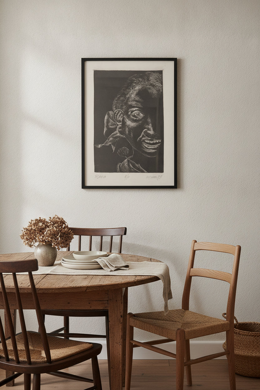 Rose — framed art in a styled interior