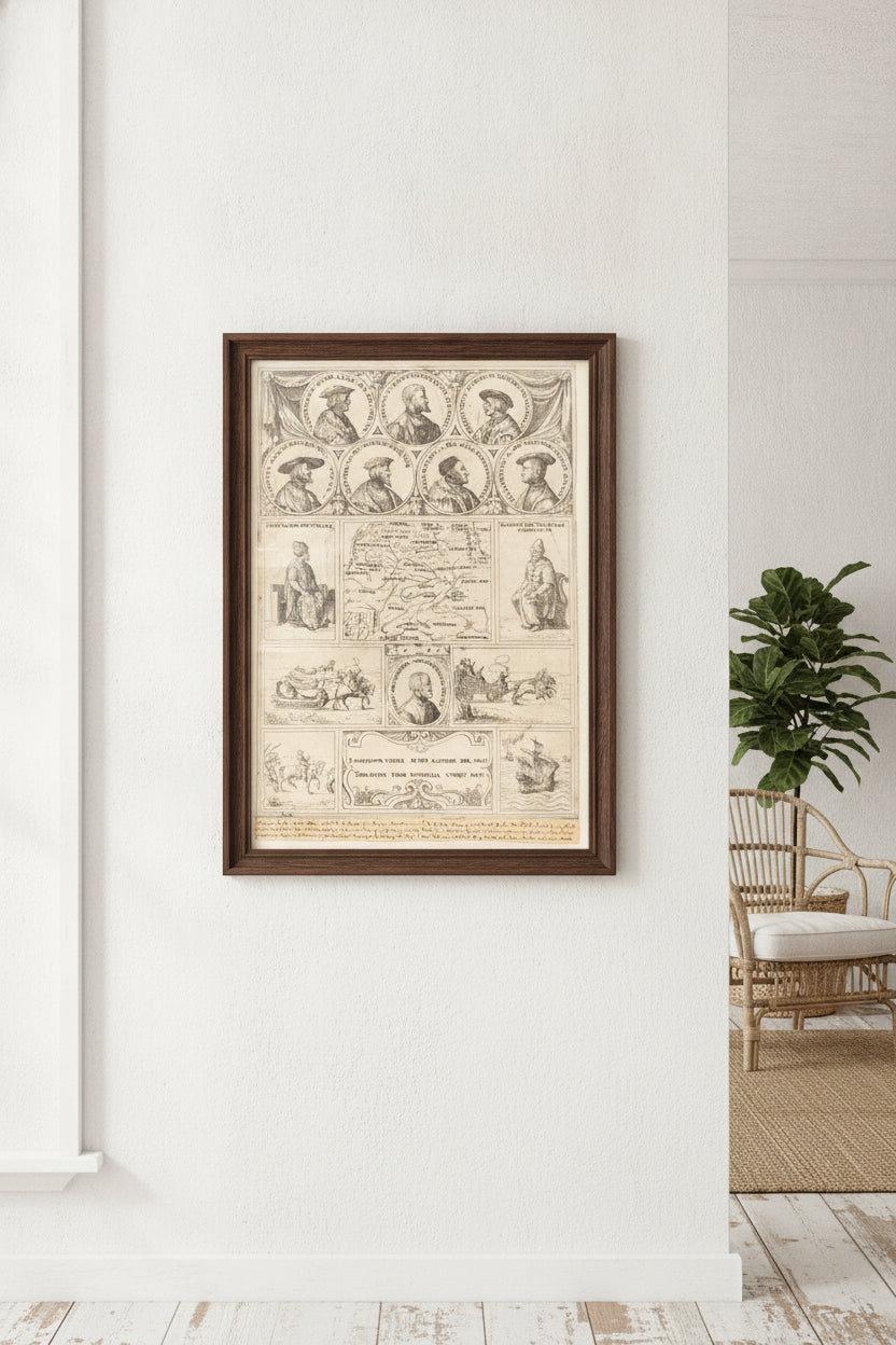 Map of Eastern Europe with portraits of Sigismund von Herberstein, Emperor Charles V, Emperor Maximilian I, Ferdinand of Hungary, Ludwig II of Hungary, Sigismund I of Poland, Sigismund II of Poland, Christian II of Denmark, Suleiman the Magnificent and Vasili III, Grand Prince of Moscow, and vignettes showing four journeys made by Herberstein — framed art in a styled interior